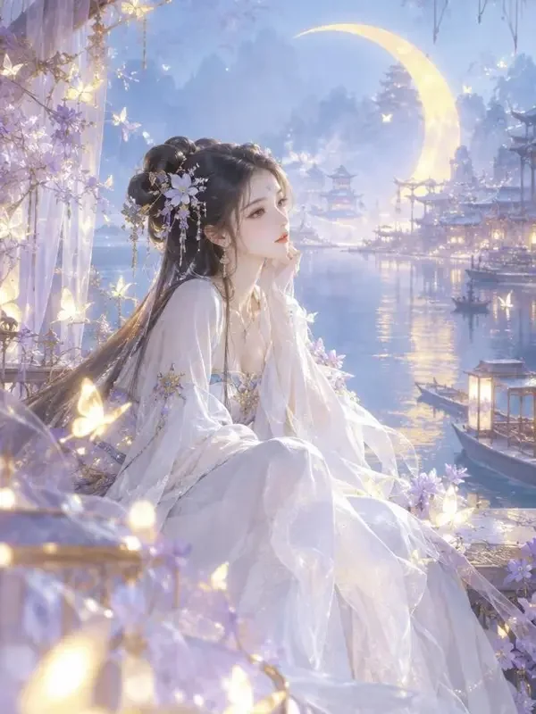 黄果AI短剧《蝴蝶吻过月牙湾》封面，化蝶仙子与月牙湾的梦幻画面