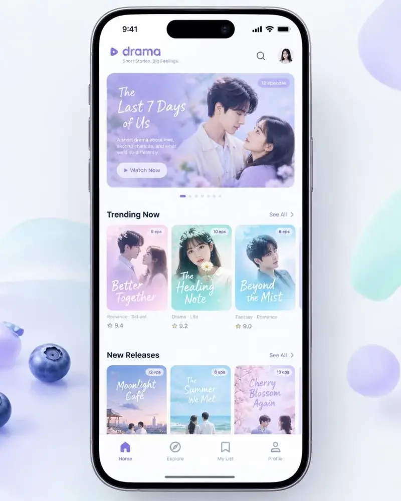 黄果AI短剧APP界面预览，展示梦幻薰衣草紫主题的追剧首页