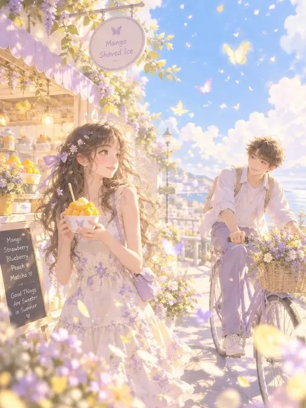 黄果AI短剧《半夏微甜》封面，夏日甜品店的青春治愈甜宠插画