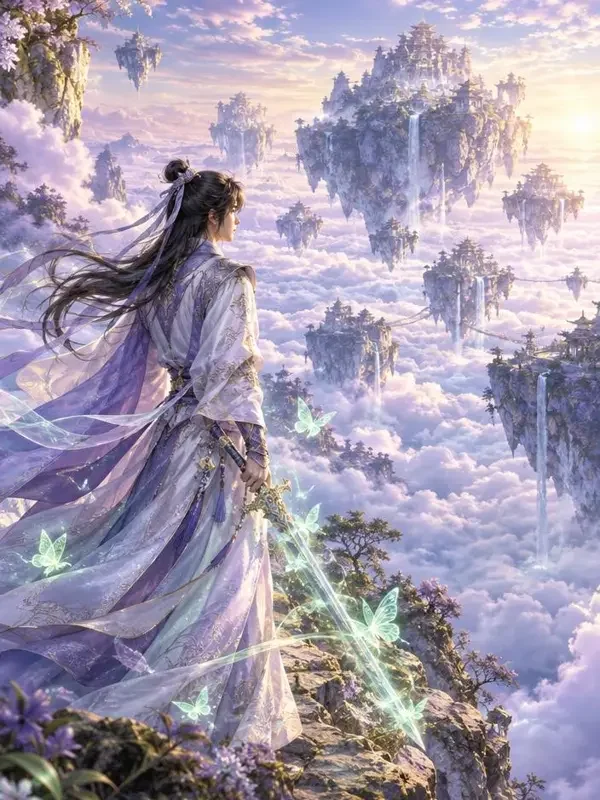 黄果AI短剧《执剑赴山海》封面，仙侠少年御剑山海的恢弘画面