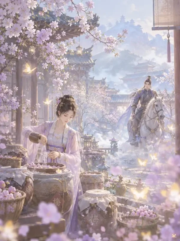 黄果AI短剧《青梅煮酒待君归》封面，江南小院青梅竹马的唯美画面